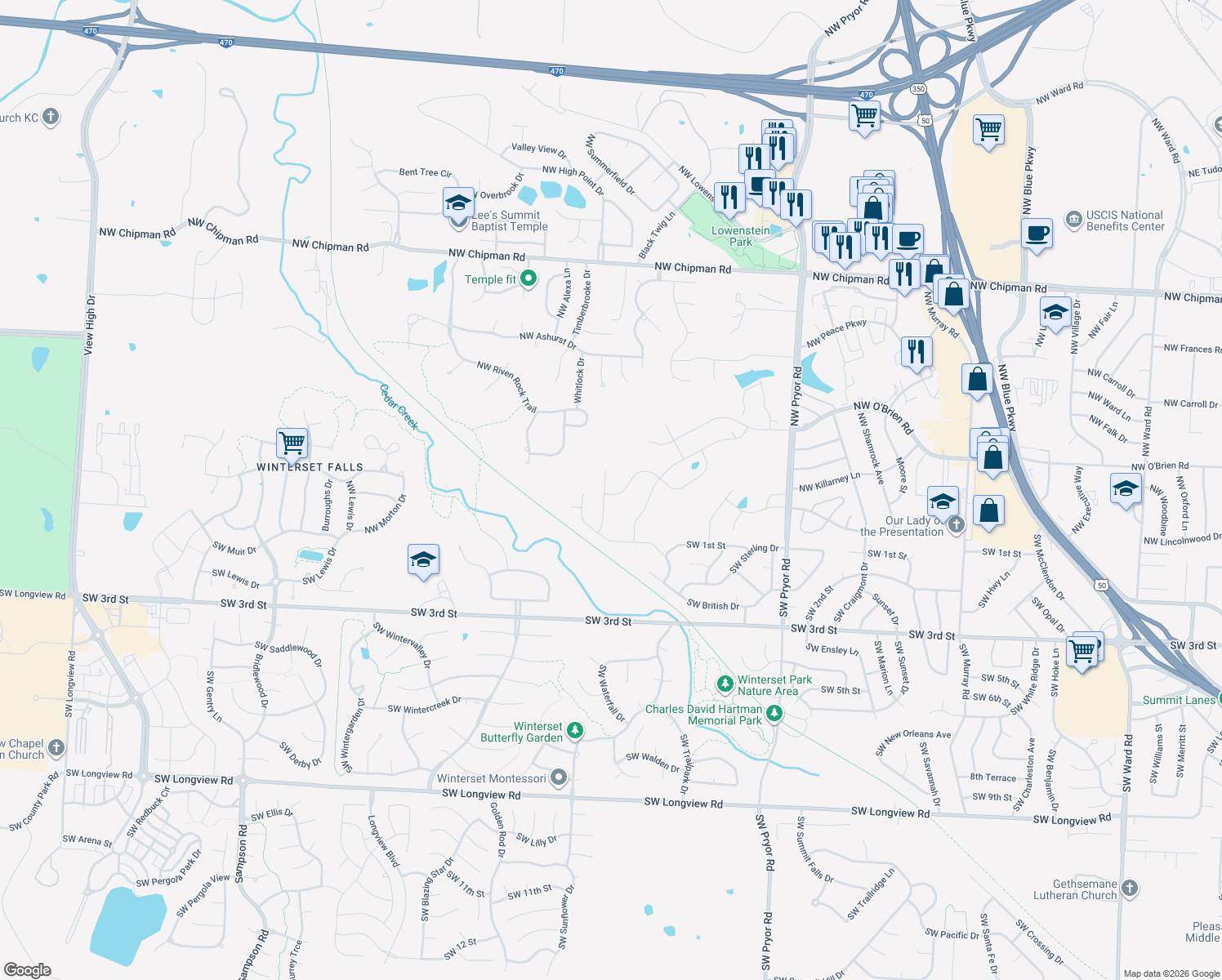 map of restaurants, bars, coffee shops, grocery stores, and more near 201 Northwest Cody Drive in Lee's Summit