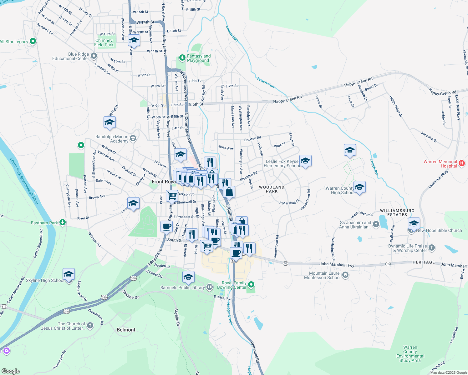 map of restaurants, bars, coffee shops, grocery stores, and more near The Hill in Front Royal