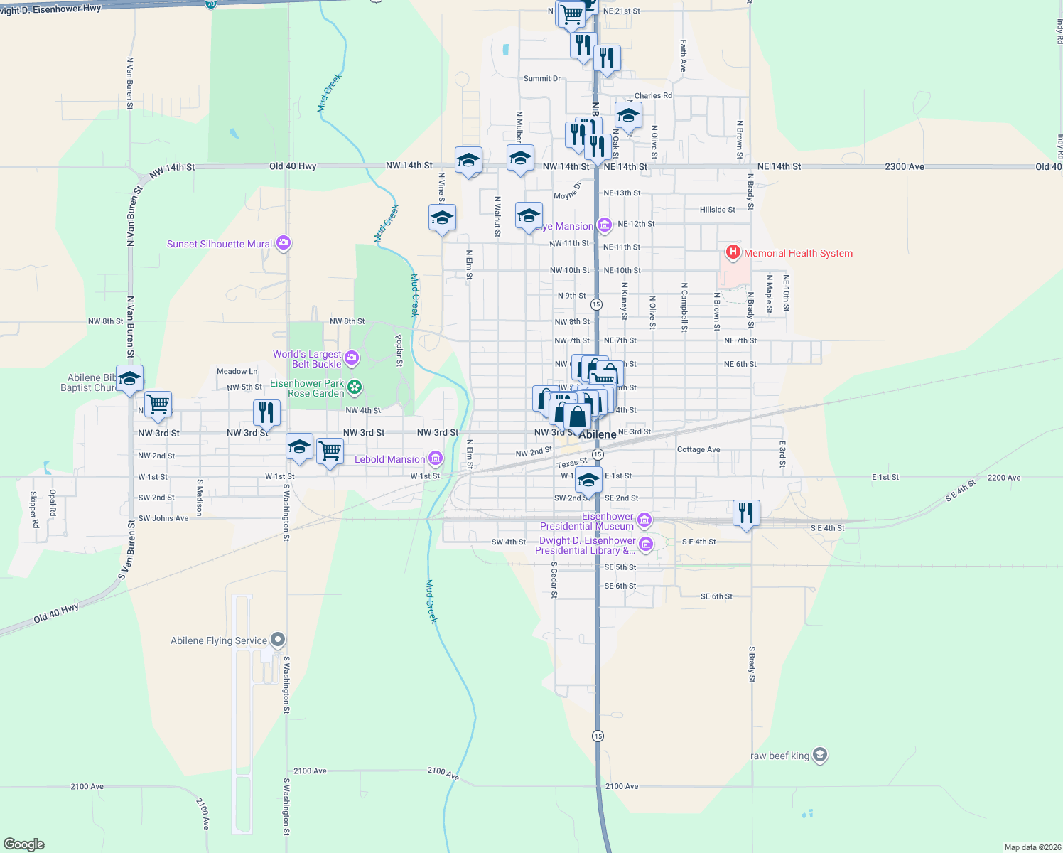 map of restaurants, bars, coffee shops, grocery stores, and more near 418 Northwest 3rd Street in Abilene