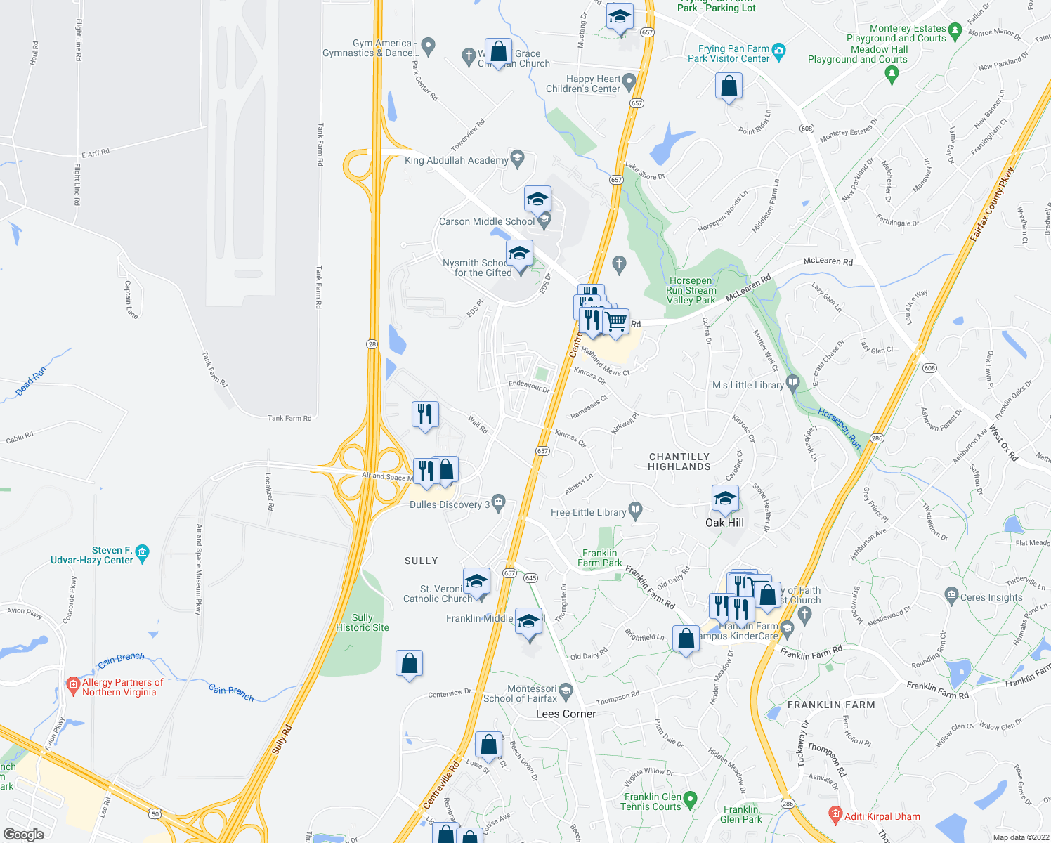 map of restaurants, bars, coffee shops, grocery stores, and more near 13738 Atlantis Street in Herndon