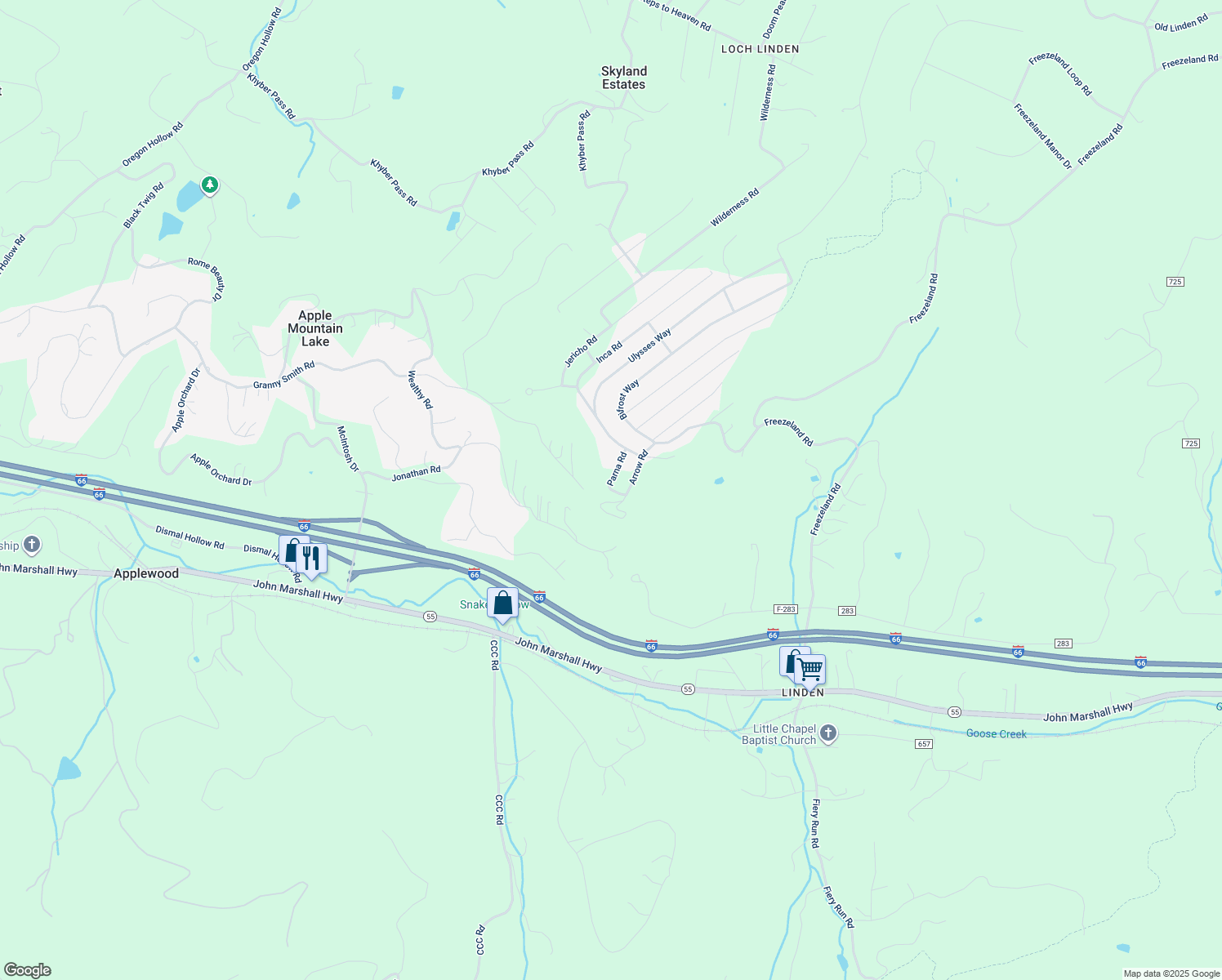 map of restaurants, bars, coffee shops, grocery stores, and more near 14 Dogpatch Lane in Warren County