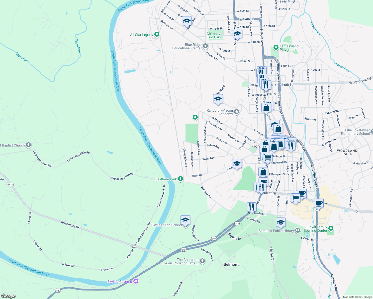 map of restaurants, bars, coffee shops, grocery stores, and more near 332 Cherrydale Avenue in Front Royal