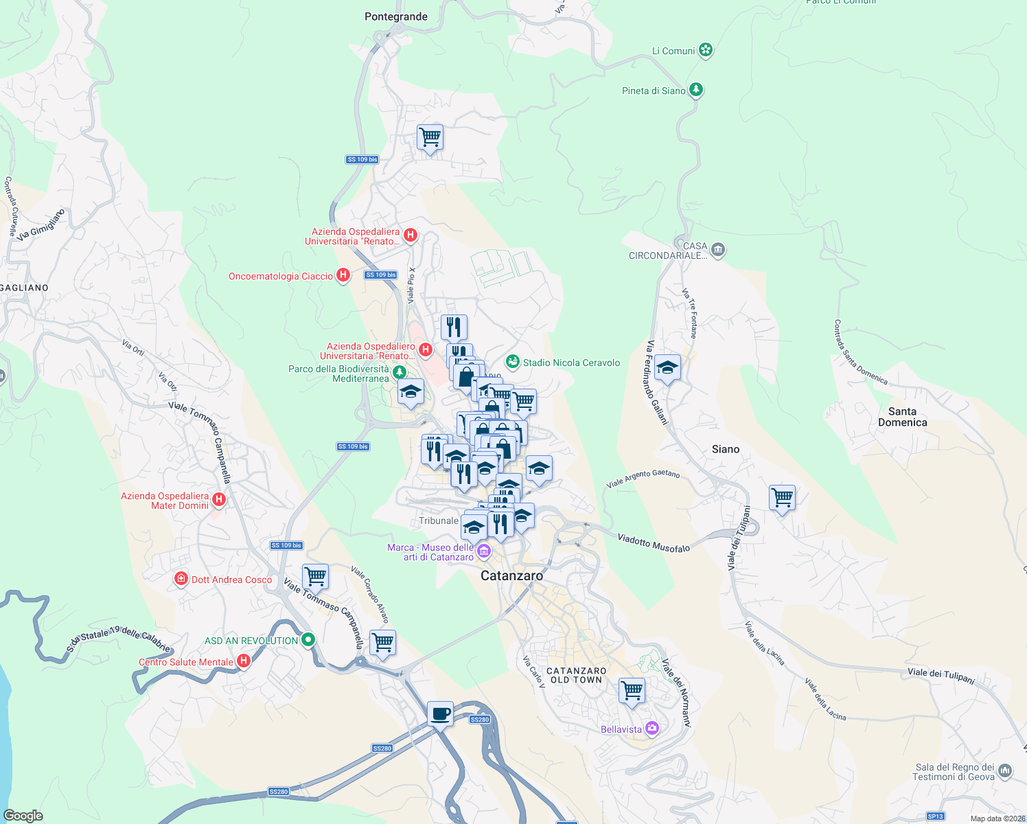 map of restaurants, bars, coffee shops, grocery stores, and more near Via Fratelli Plutino in Catanzaro