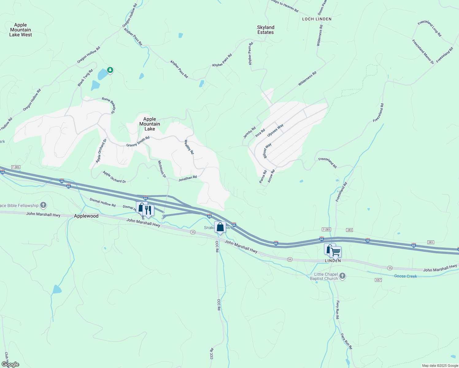 map of restaurants, bars, coffee shops, grocery stores, and more near 599 Jonathan Road in Apple Mountain Lake