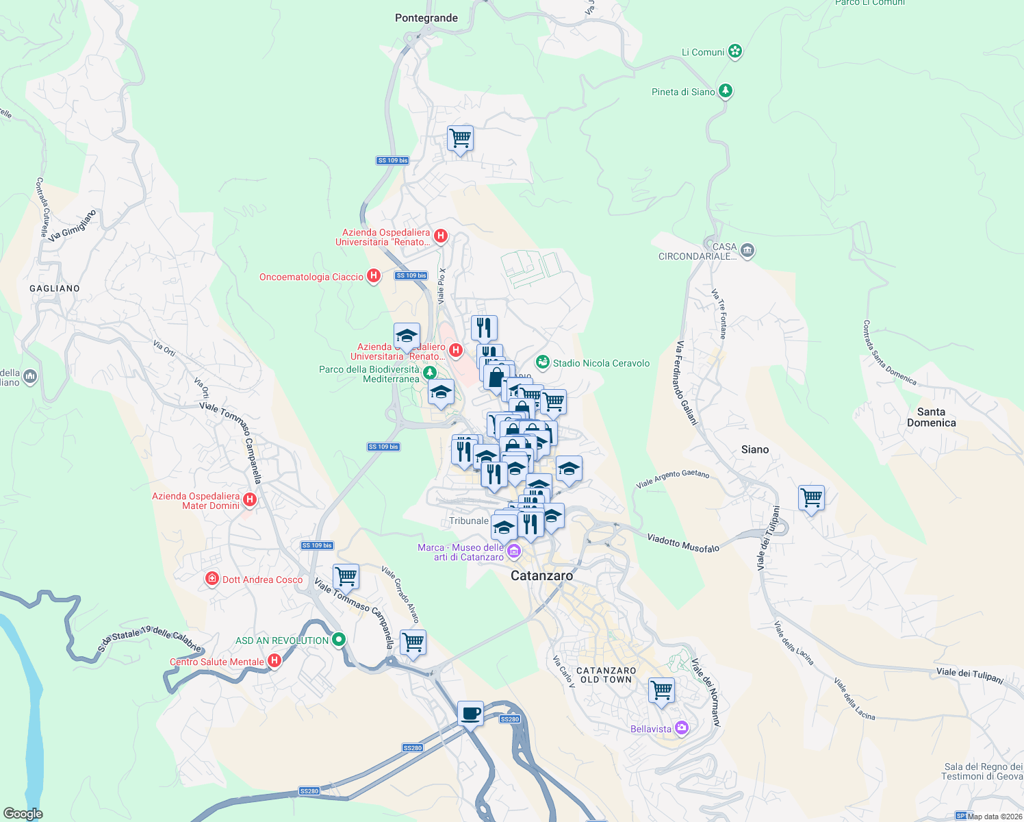 map of restaurants, bars, coffee shops, grocery stores, and more near 12-16 Via Cortese Vinicio in Catanzaro