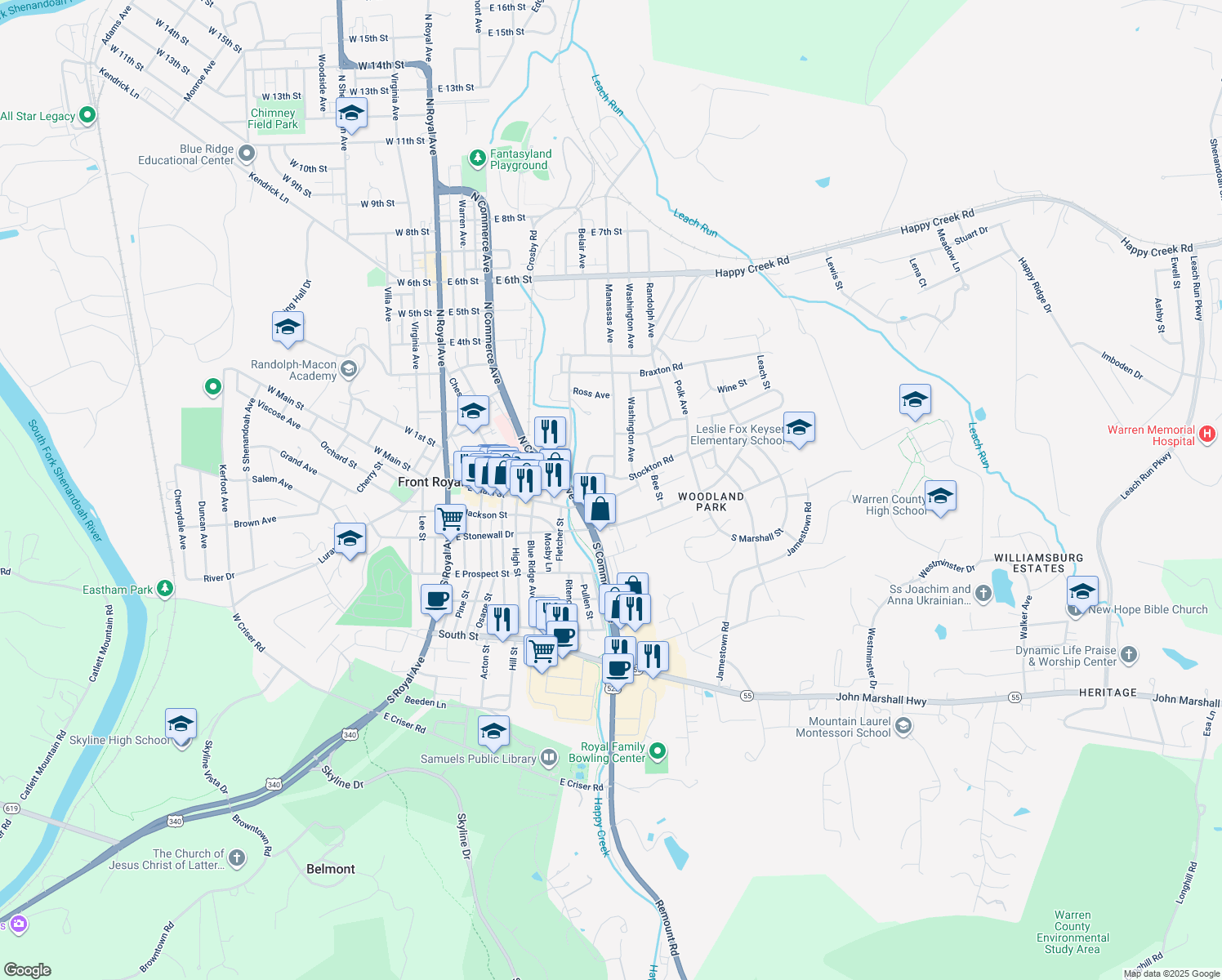 map of restaurants, bars, coffee shops, grocery stores, and more near 130 Thehill in Front Royal