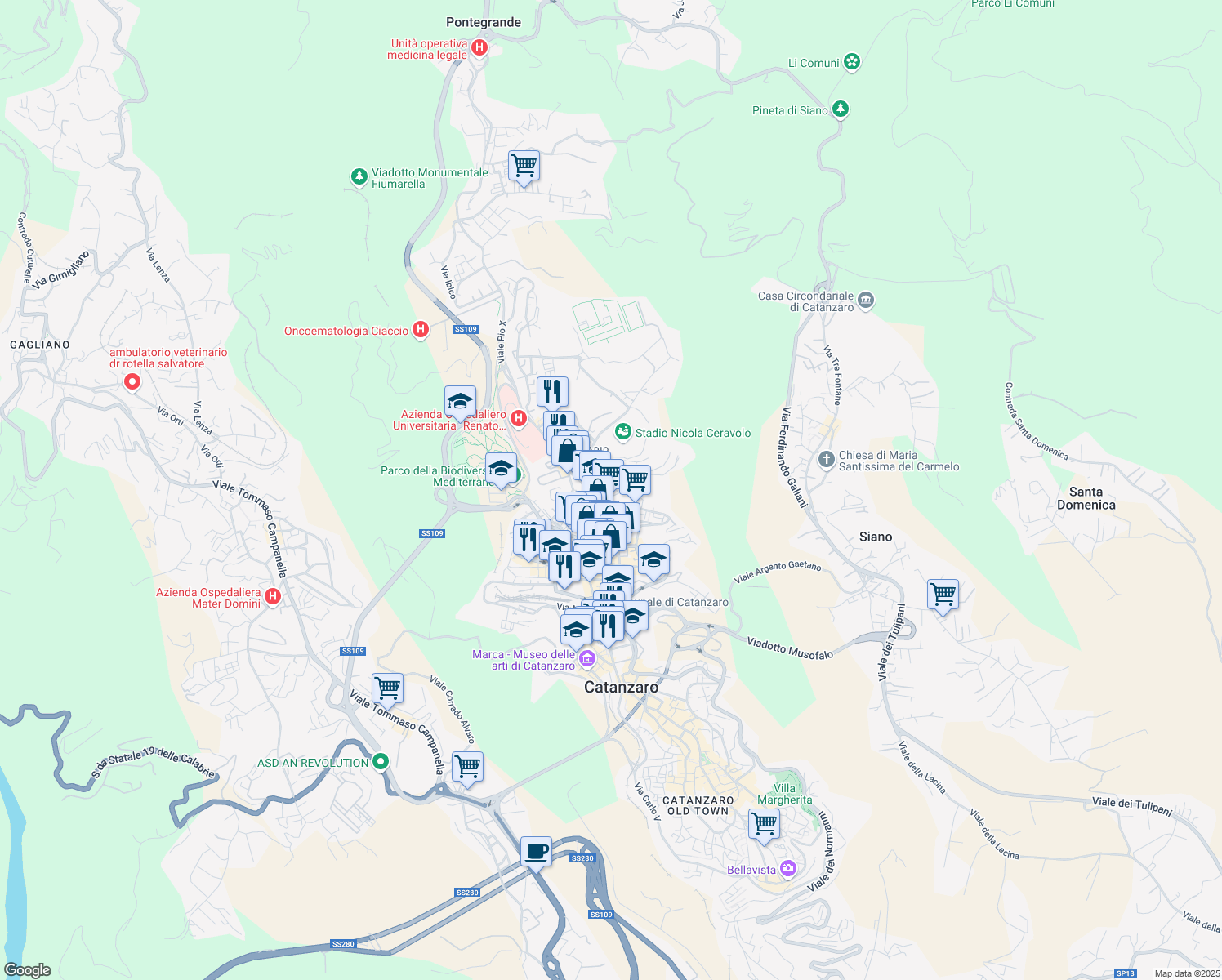 map of restaurants, bars, coffee shops, grocery stores, and more near 25 Via Romeo Domenico in Catanzaro