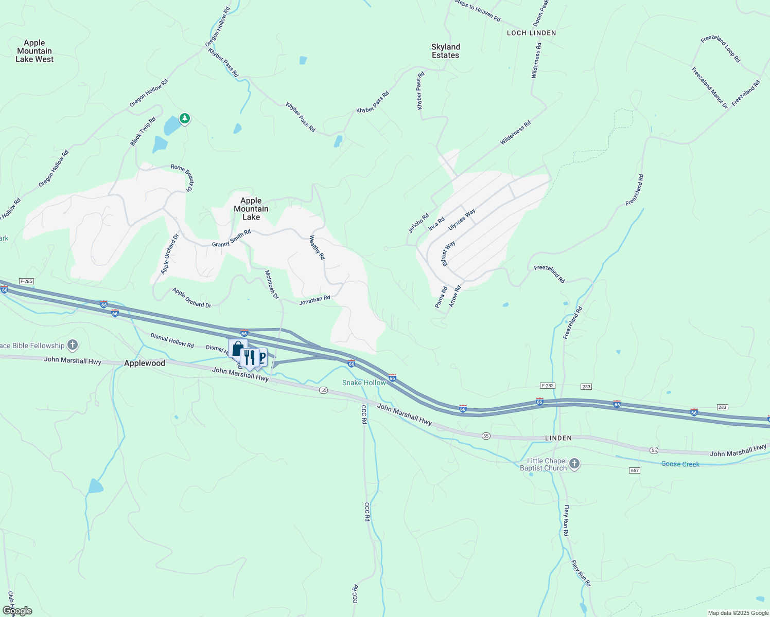 map of restaurants, bars, coffee shops, grocery stores, and more near 599 Jonathan Road in Apple Mountain Lake