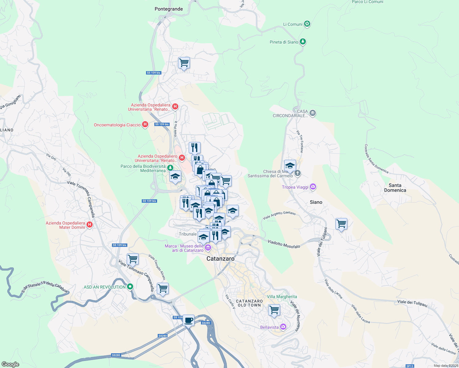 map of restaurants, bars, coffee shops, grocery stores, and more near Via Fratelli Plutino in Catanzaro