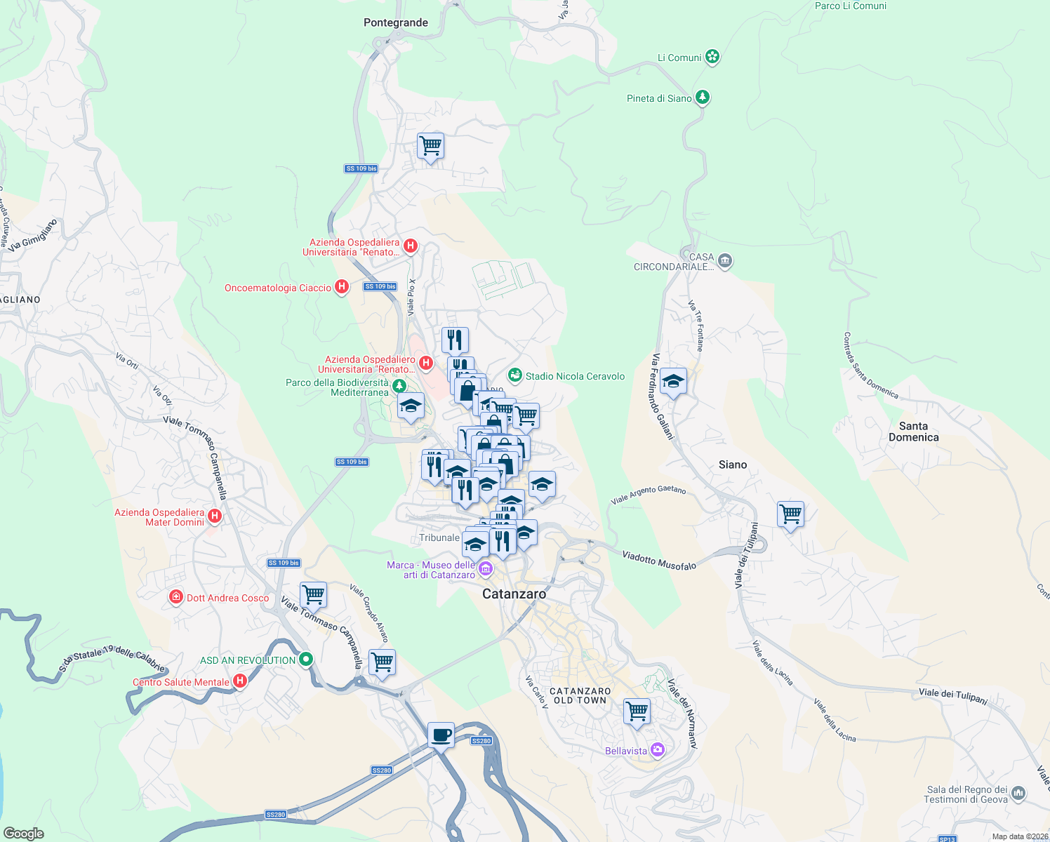 map of restaurants, bars, coffee shops, grocery stores, and more near Via Fratelli Plutino in Catanzaro