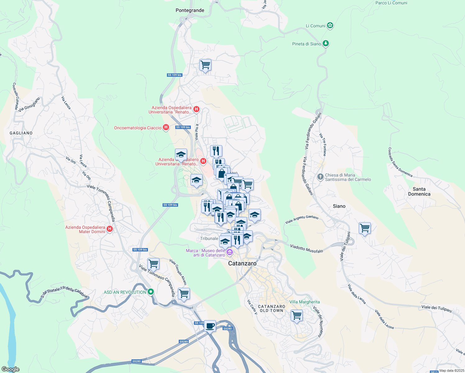 map of restaurants, bars, coffee shops, grocery stores, and more near 25 Via Romeo Domenico in Catanzaro