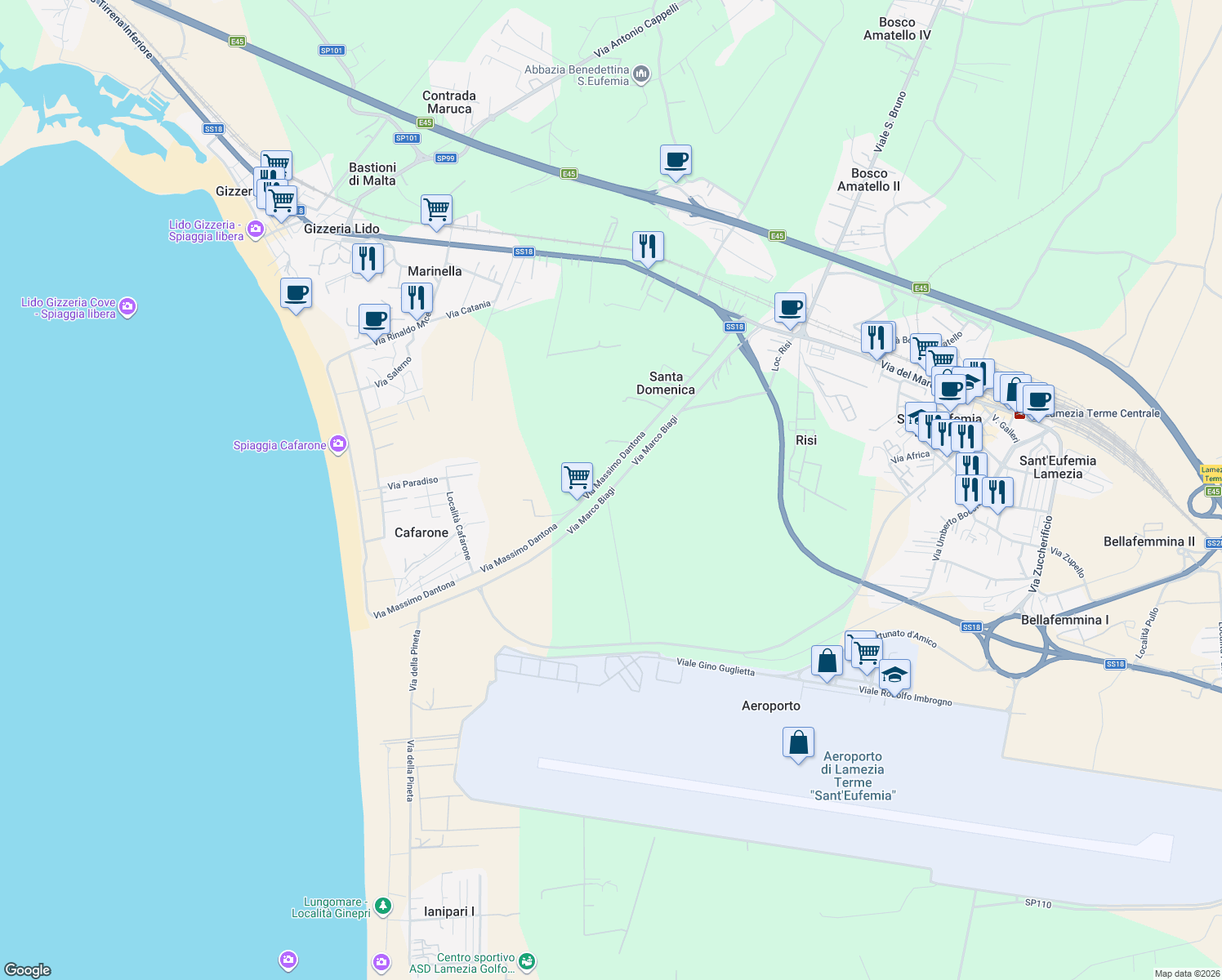 map of restaurants, bars, coffee shops, grocery stores, and more near 68 Via Massimo Dantona in Provincia di Catanzaro