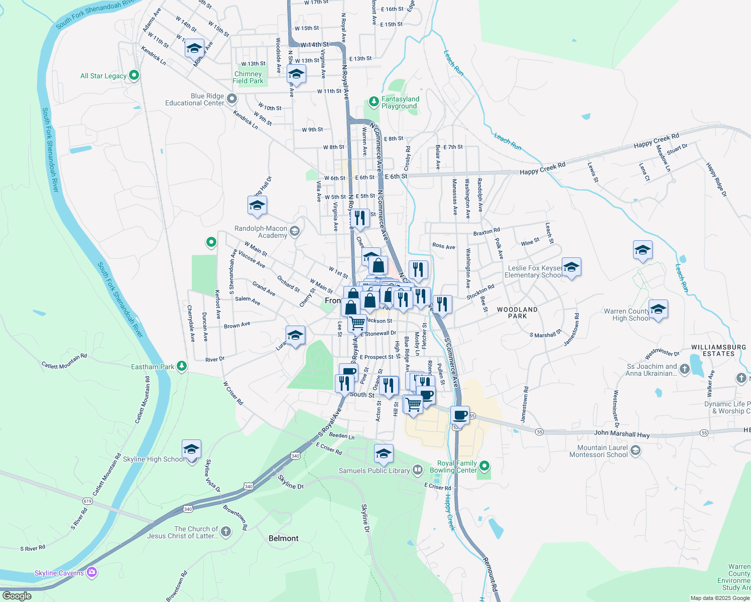 map of restaurants, bars, coffee shops, grocery stores, and more near 126 E Main St in Front Royal