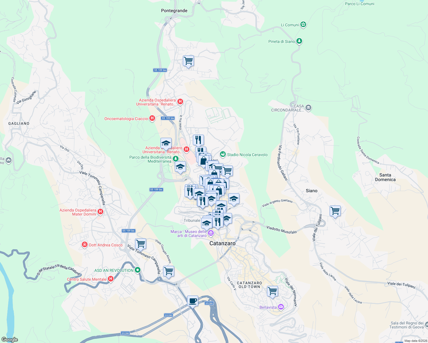 map of restaurants, bars, coffee shops, grocery stores, and more near 25 Via Romeo Domenico in Catanzaro