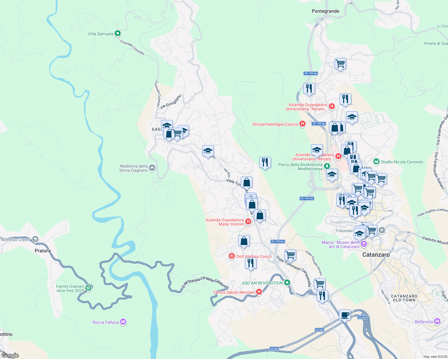 map of restaurants, bars, coffee shops, grocery stores, and more near 19/1 Via Nicola Misasi in Catanzaro