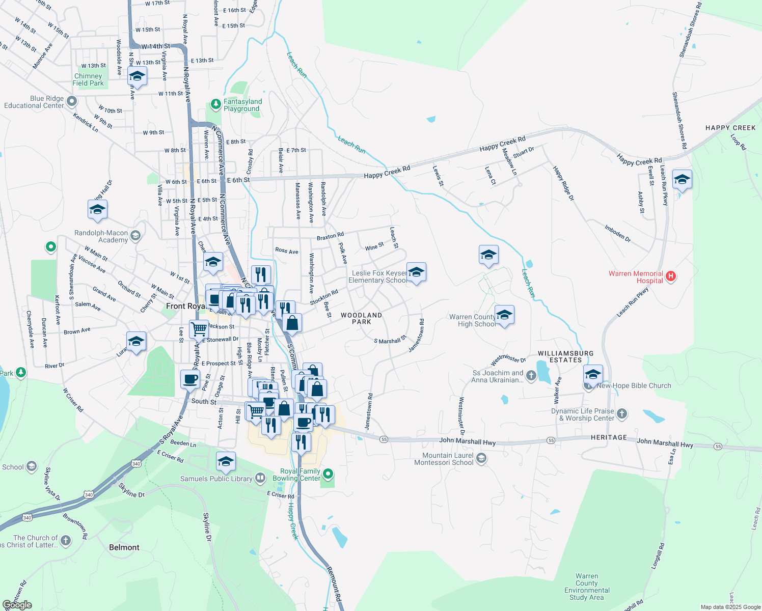 map of restaurants, bars, coffee shops, grocery stores, and more near 18 South Charles Street in Front Royal