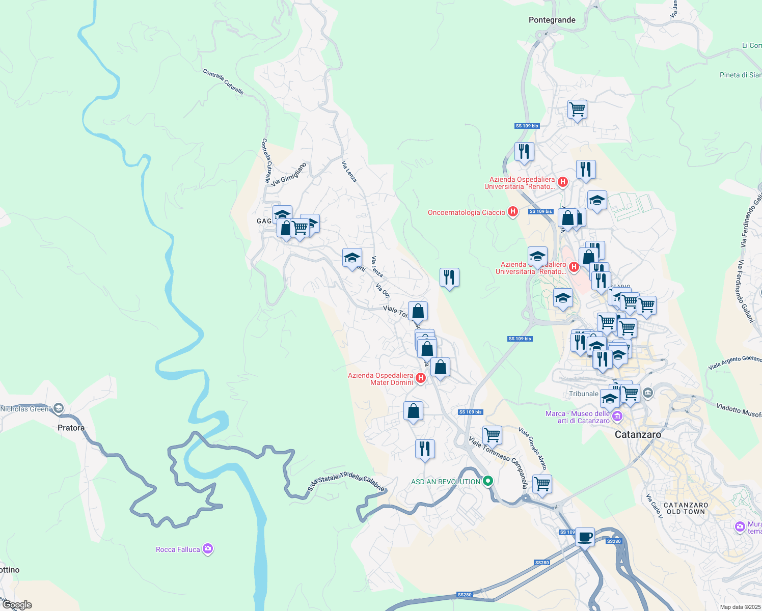 map of restaurants, bars, coffee shops, grocery stores, and more near 19/1 Via Nicola Misasi in Catanzaro