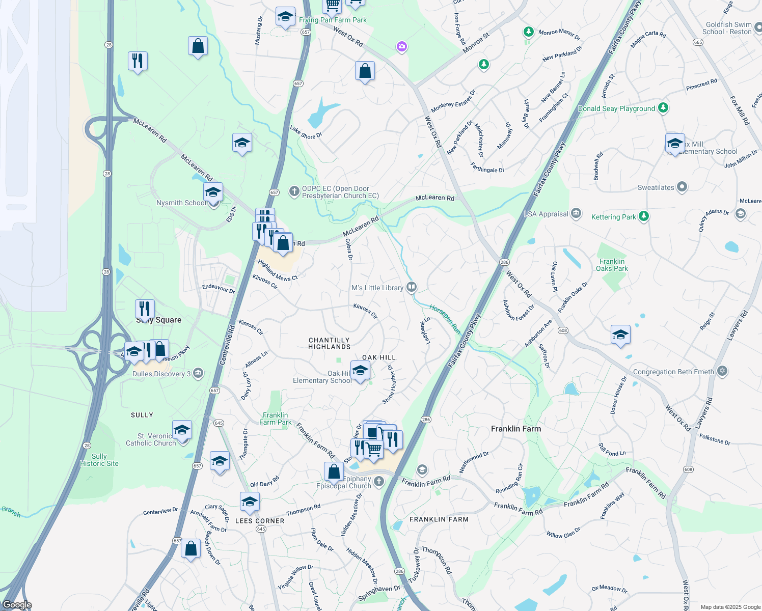 map of restaurants, bars, coffee shops, grocery stores, and more near 13329 Glen Taylor Lane in Herndon