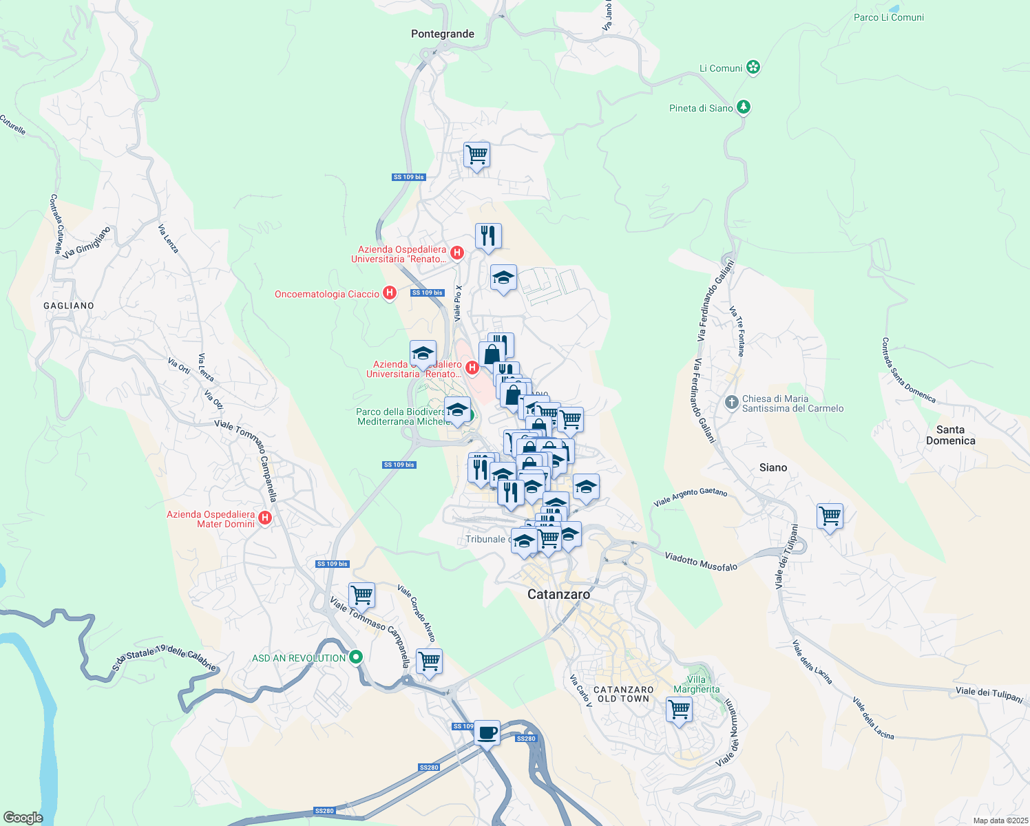 map of restaurants, bars, coffee shops, grocery stores, and more near 1 Via Cortese Vinicio in Catanzaro