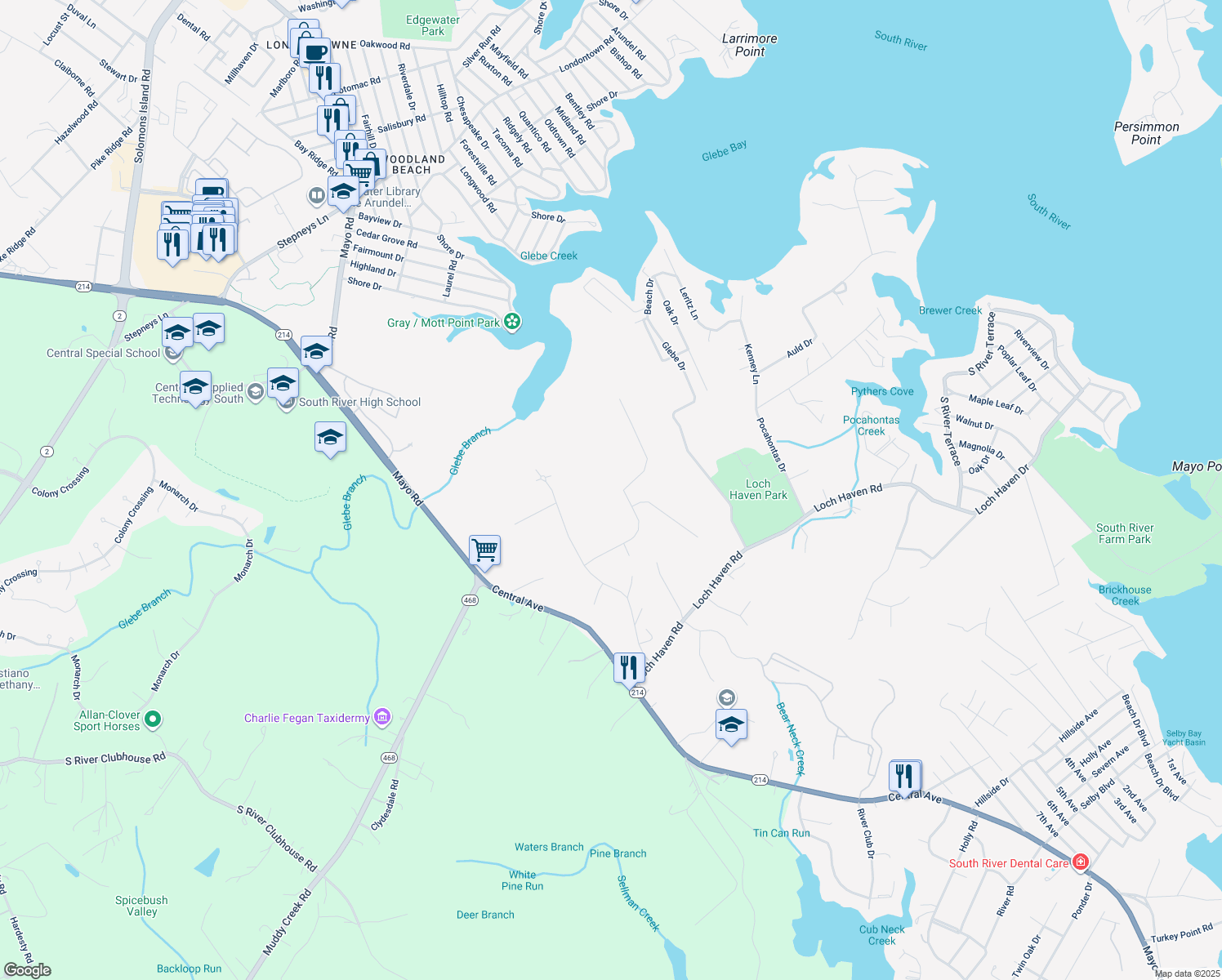 map of restaurants, bars, coffee shops, grocery stores, and more near 3754 Colliers Drive in Edgewater