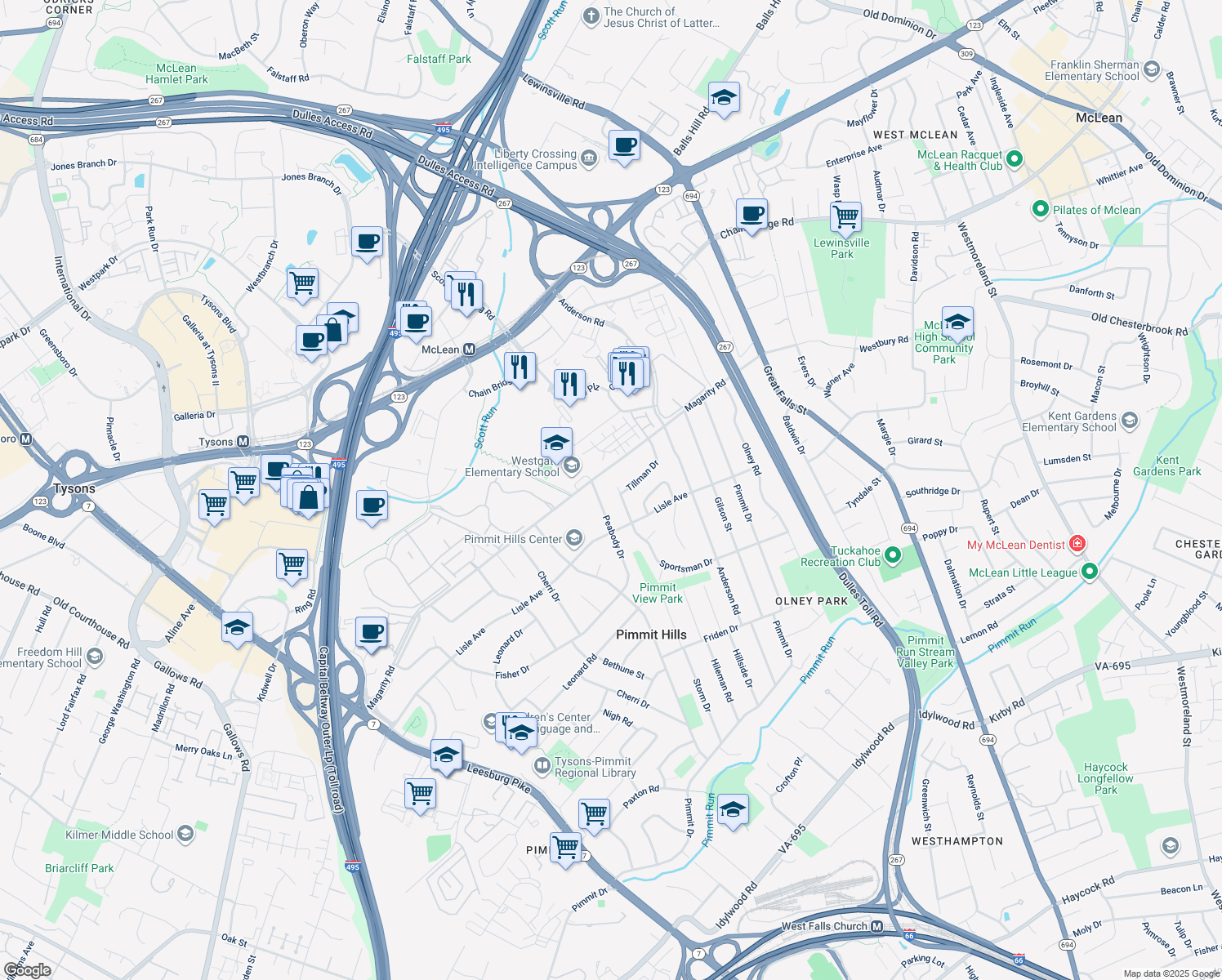 map of restaurants, bars, coffee shops, grocery stores, and more near 7433 Sportsman Drive in Falls Church