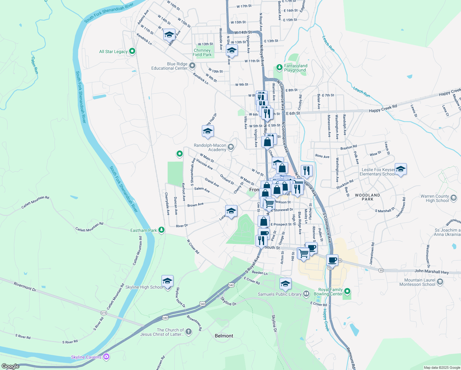map of restaurants, bars, coffee shops, grocery stores, and more near 224 Orchard Street in Front Royal