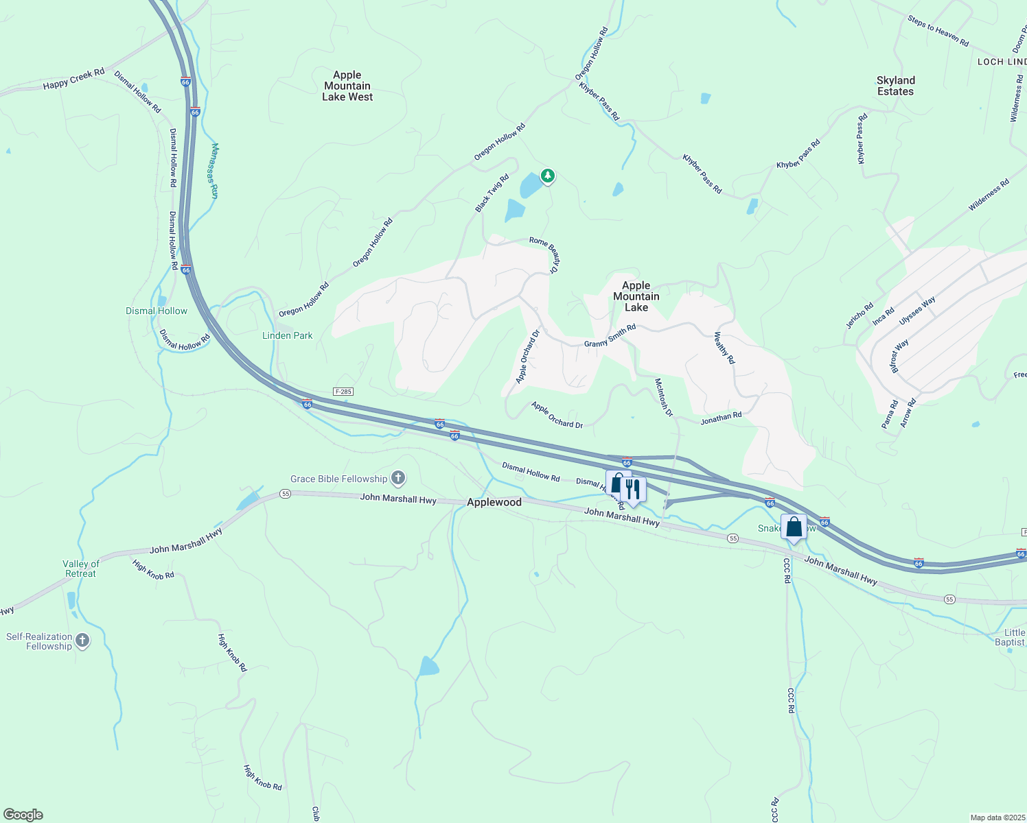 map of restaurants, bars, coffee shops, grocery stores, and more near 351 Apple Orchard Drive in Apple Mountain Lake
