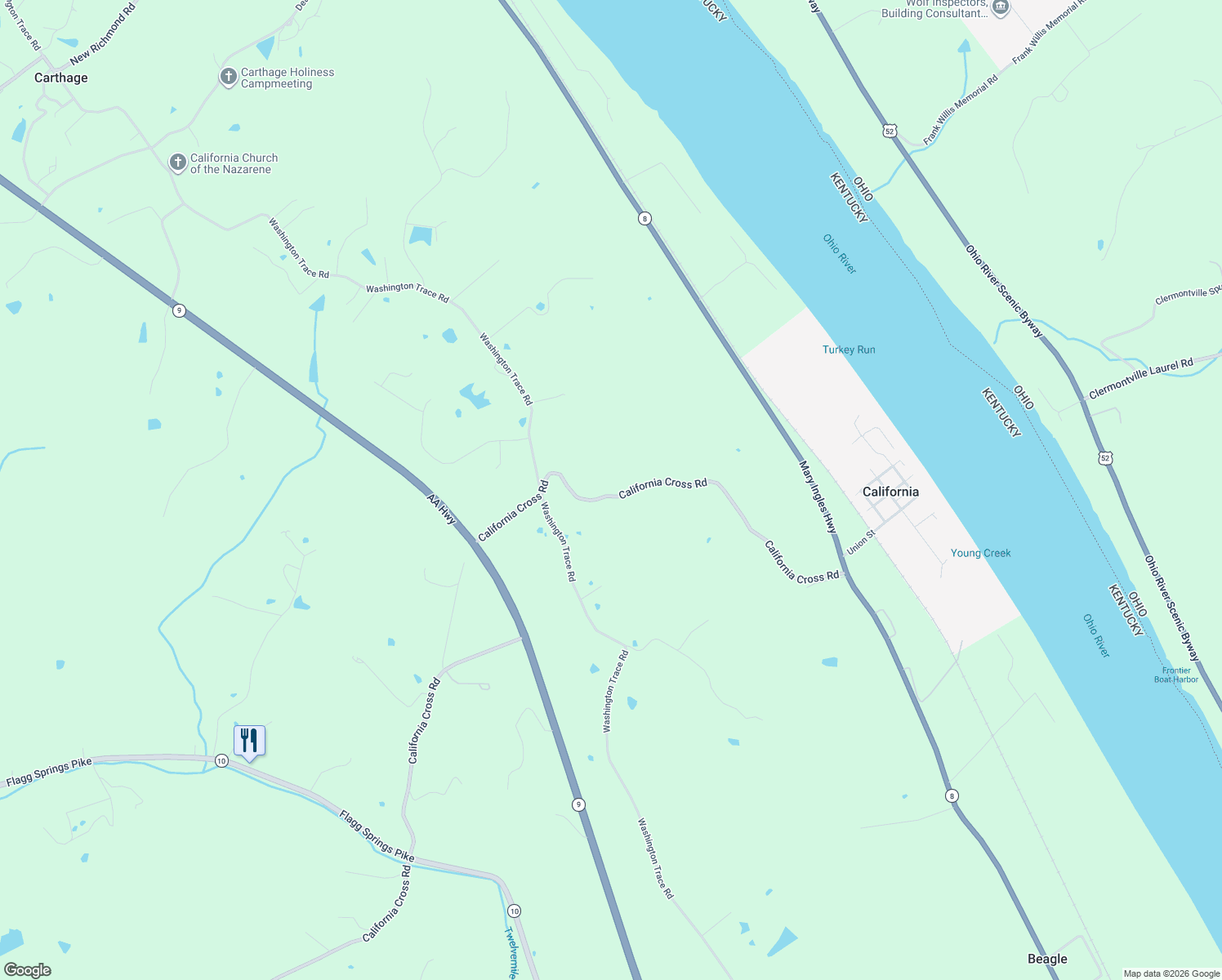 map of restaurants, bars, coffee shops, grocery stores, and more near 3628 California Cross Road in California