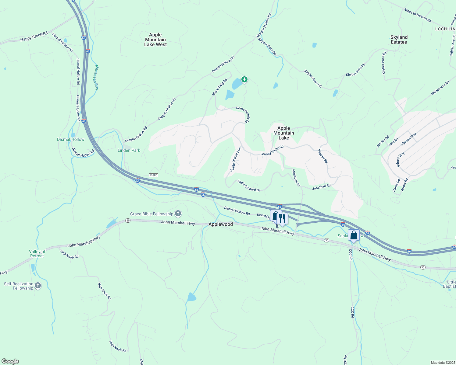 map of restaurants, bars, coffee shops, grocery stores, and more near 351 Apple Orchard Drive in Apple Mountain Lake