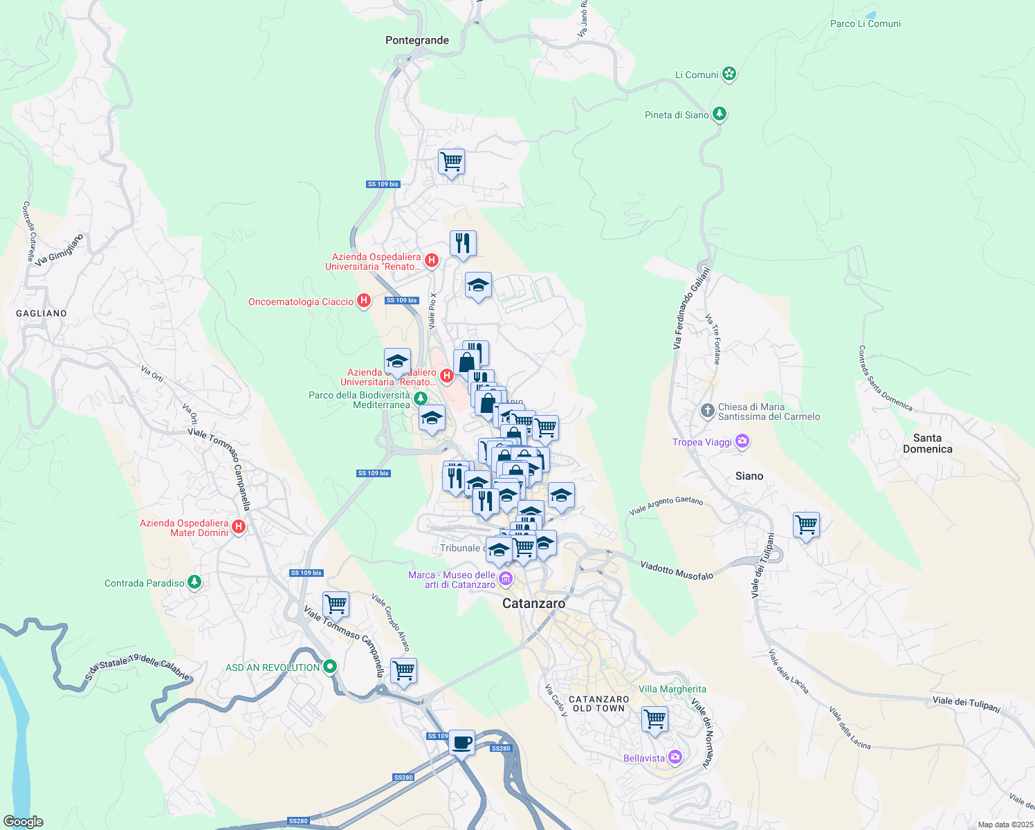 map of restaurants, bars, coffee shops, grocery stores, and more near 48 Via Francesco Paglia in Catanzaro