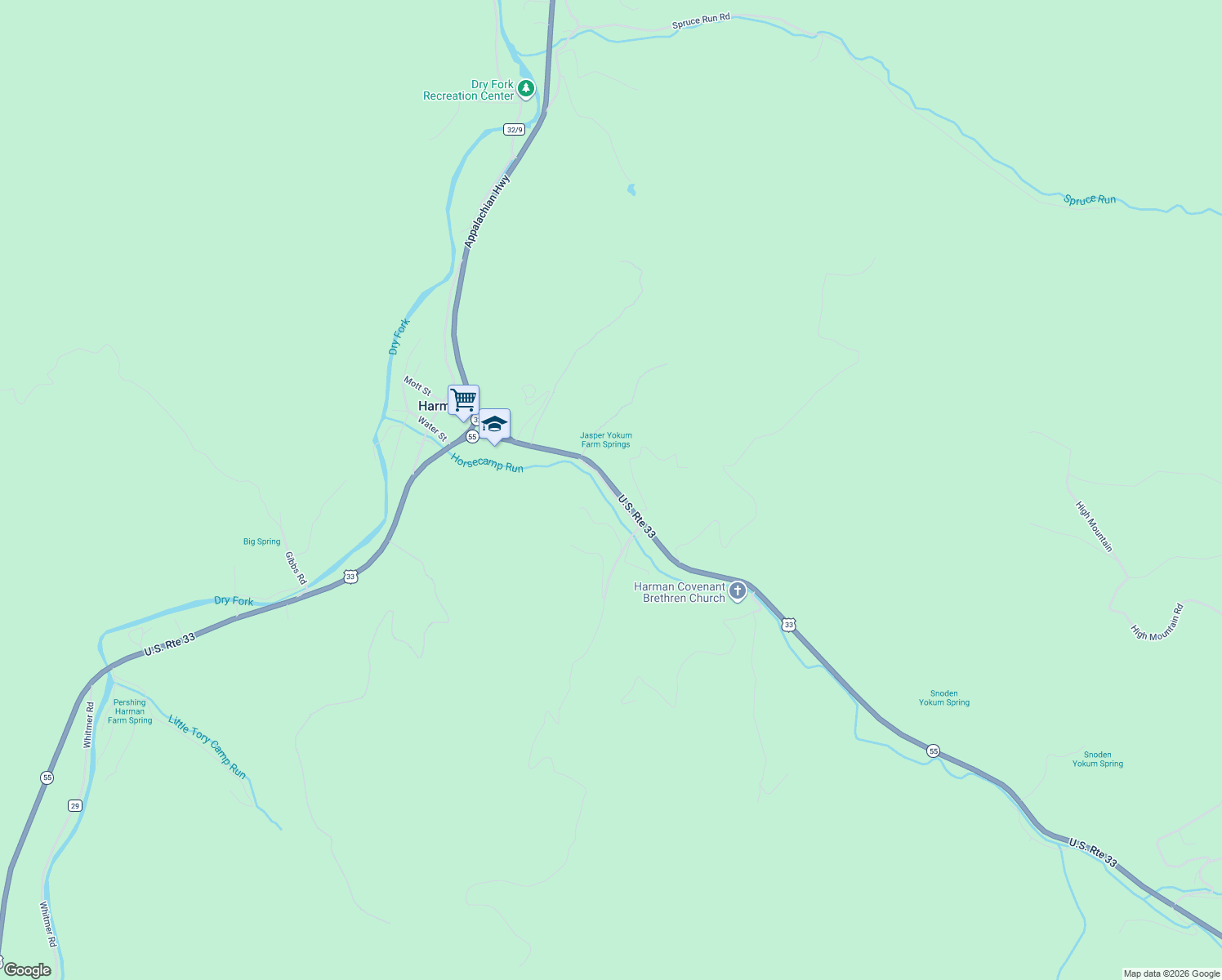 map of restaurants, bars, coffee shops, grocery stores, and more near County Route 33/3 in Harman