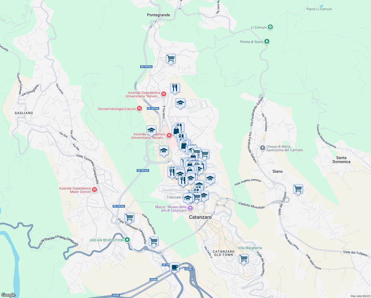 map of restaurants, bars, coffee shops, grocery stores, and more near 2-10 Via Acquedotto Greco in Catanzaro