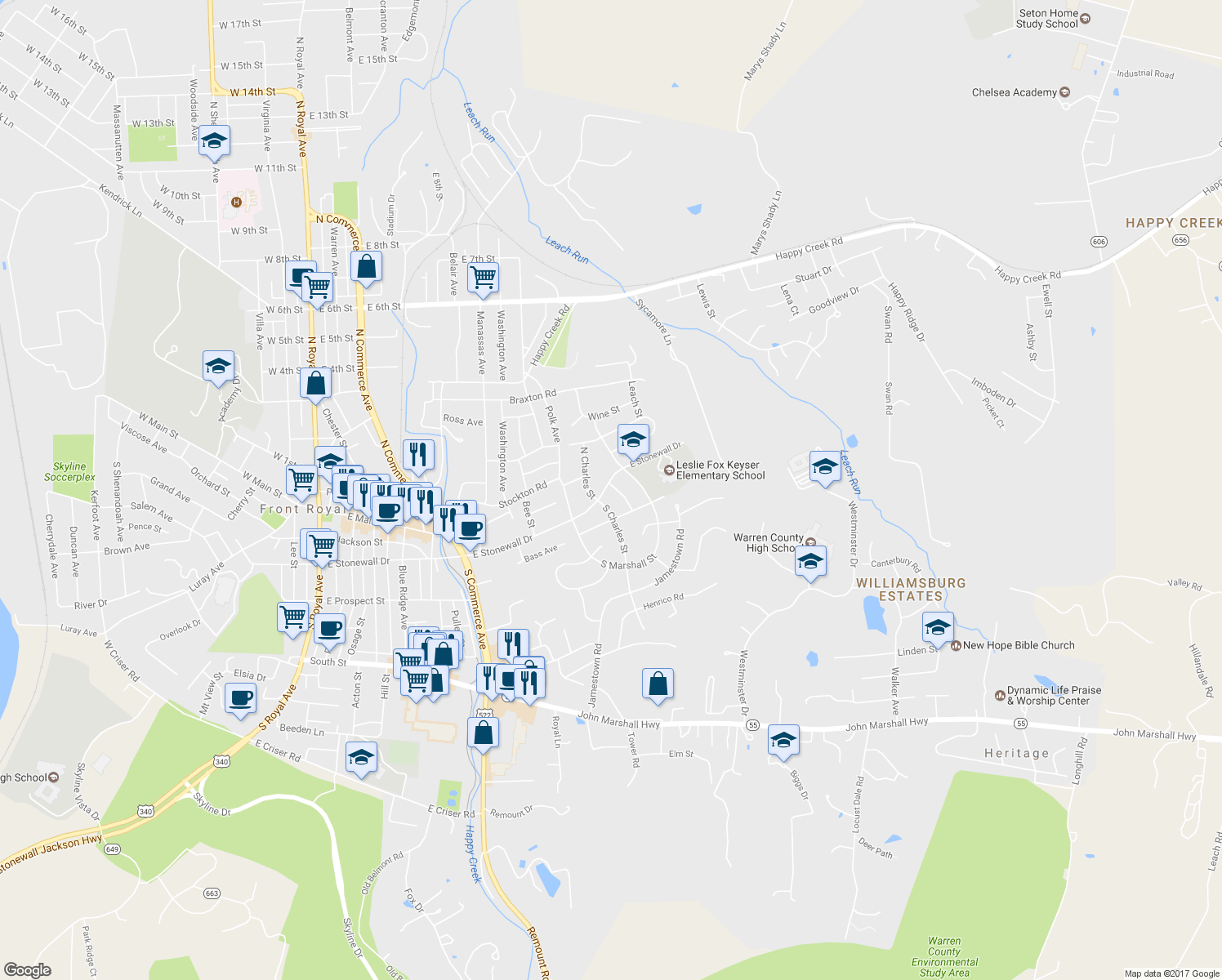map of restaurants, bars, coffee shops, grocery stores, and more near 4 Morain Street in Front Royal