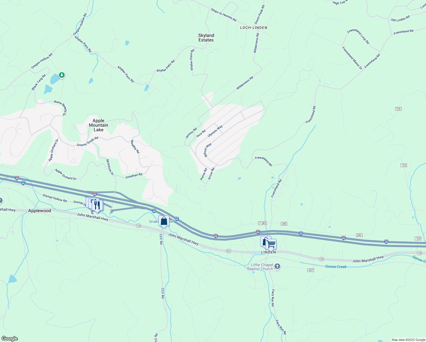 map of restaurants, bars, coffee shops, grocery stores, and more near 95 Arrow Road in Skyland Estates