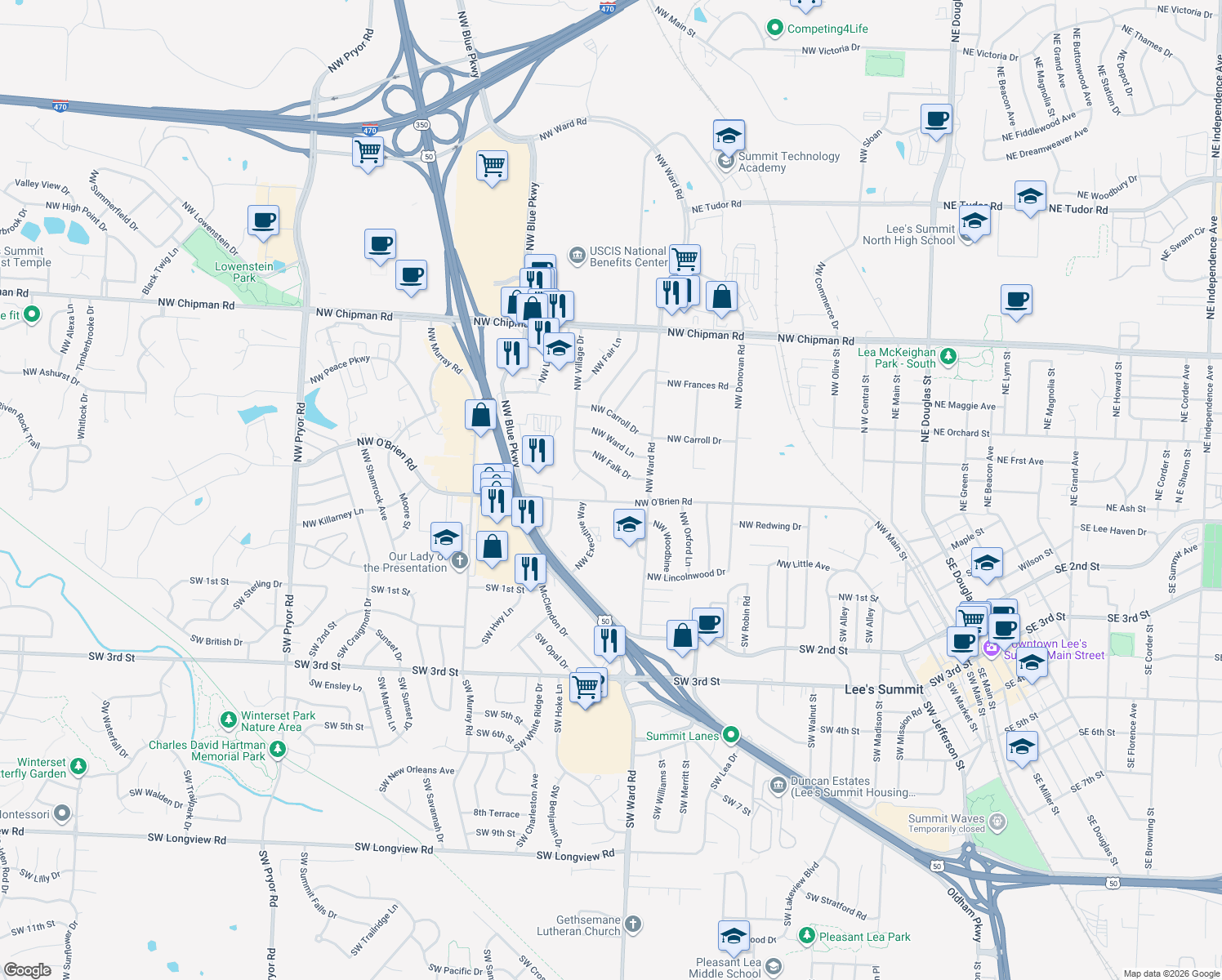 map of restaurants, bars, coffee shops, grocery stores, and more near 403 Northwest Village Drive in Lee's Summit