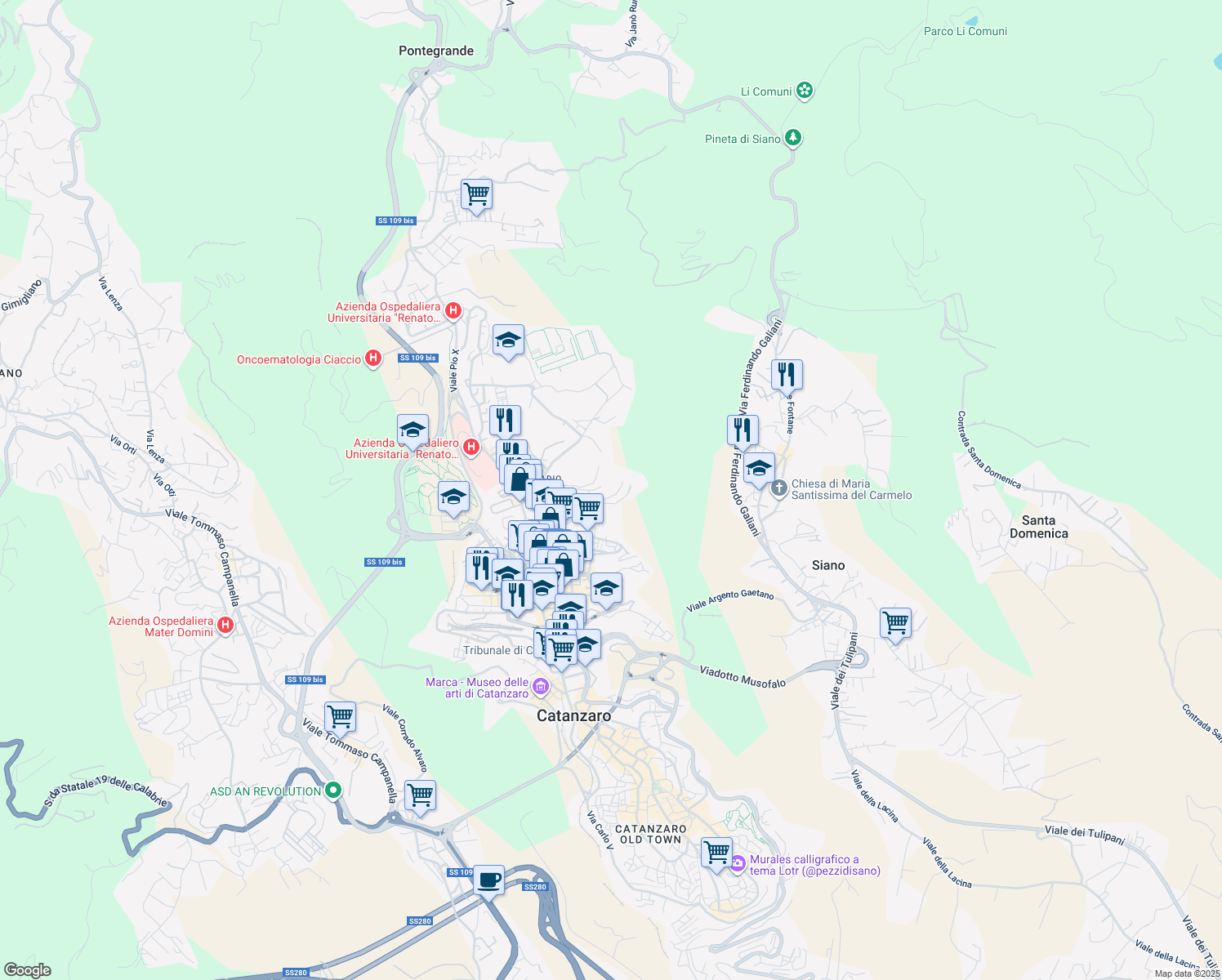 map of restaurants, bars, coffee shops, grocery stores, and more near 29 Via Fratelli Plutino in Catanzaro