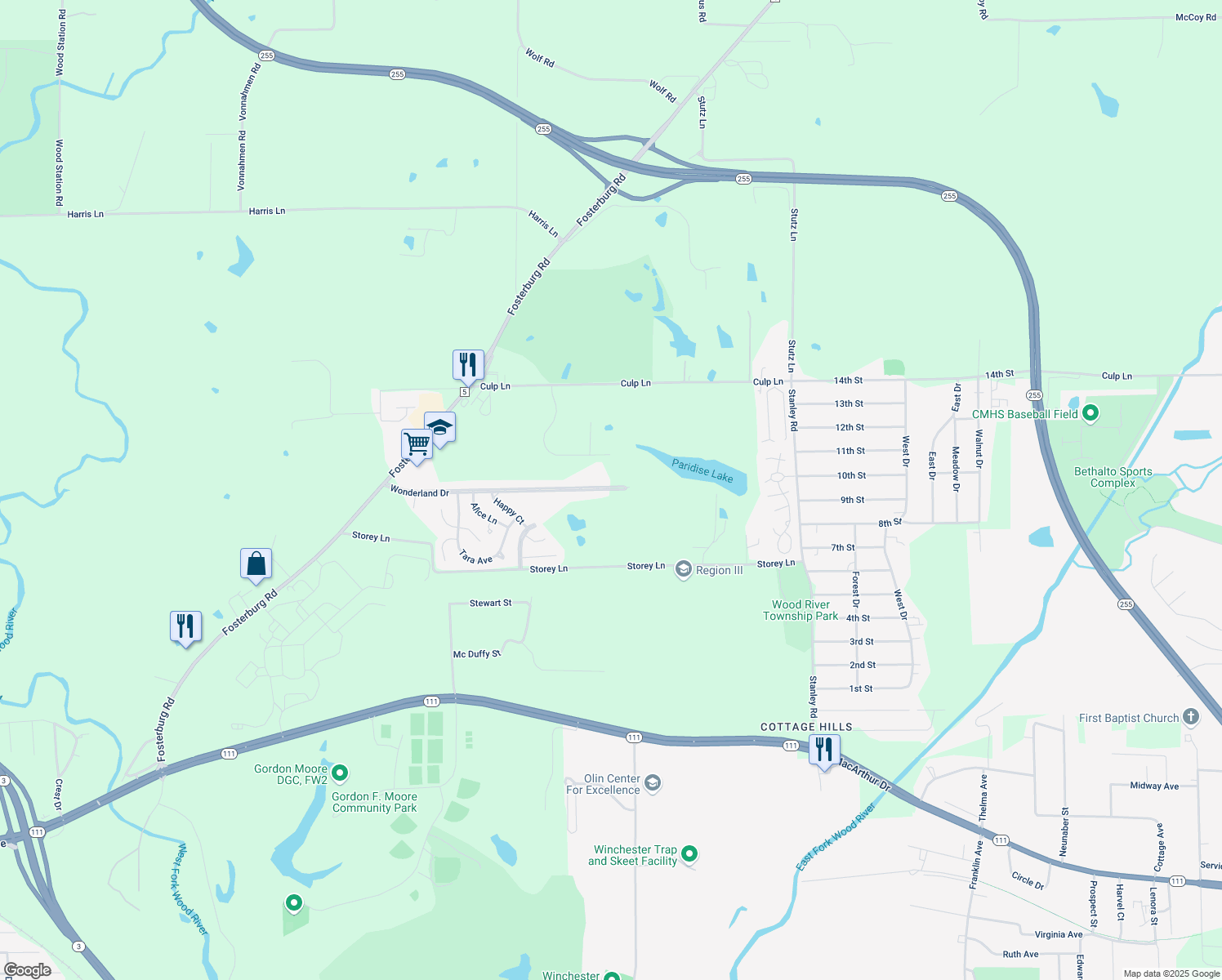 map of restaurants, bars, coffee shops, grocery stores, and more near 448 Wonderland Dr in Alton