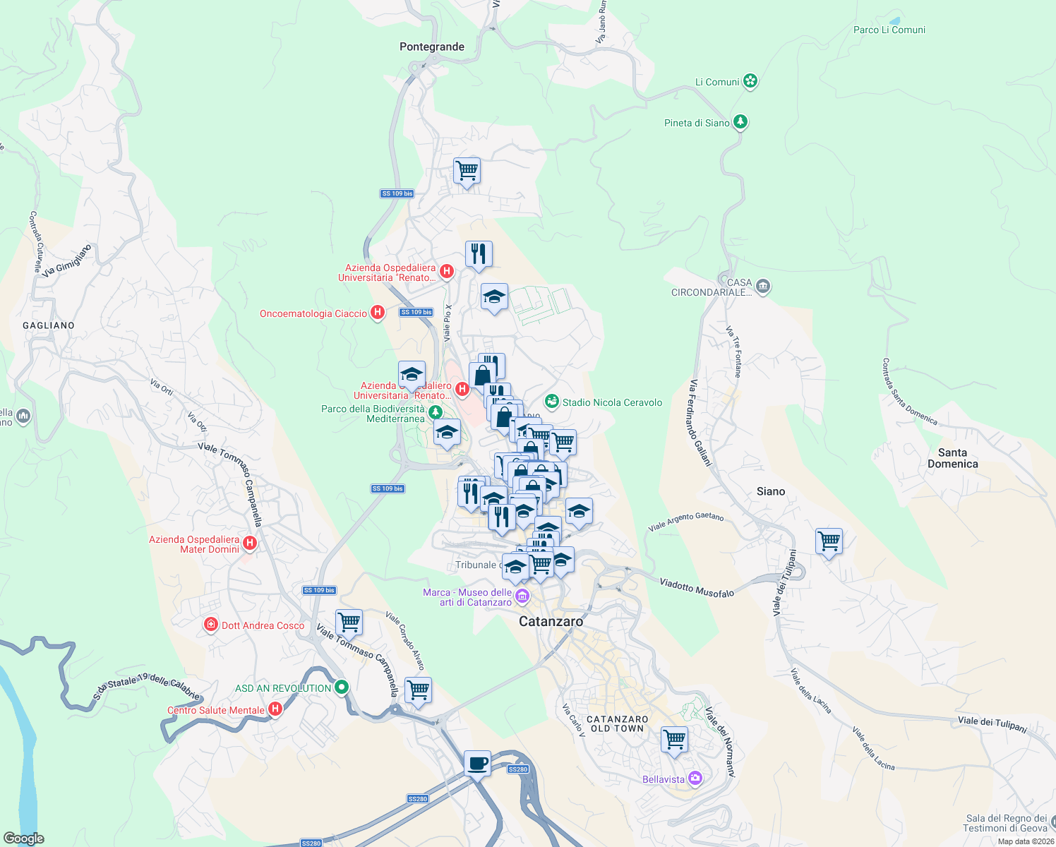 map of restaurants, bars, coffee shops, grocery stores, and more near 48 Via Francesco Paglia in Catanzaro