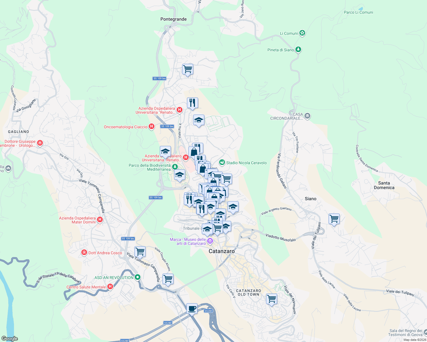 map of restaurants, bars, coffee shops, grocery stores, and more near 48 Via Francesco Paglia in Catanzaro