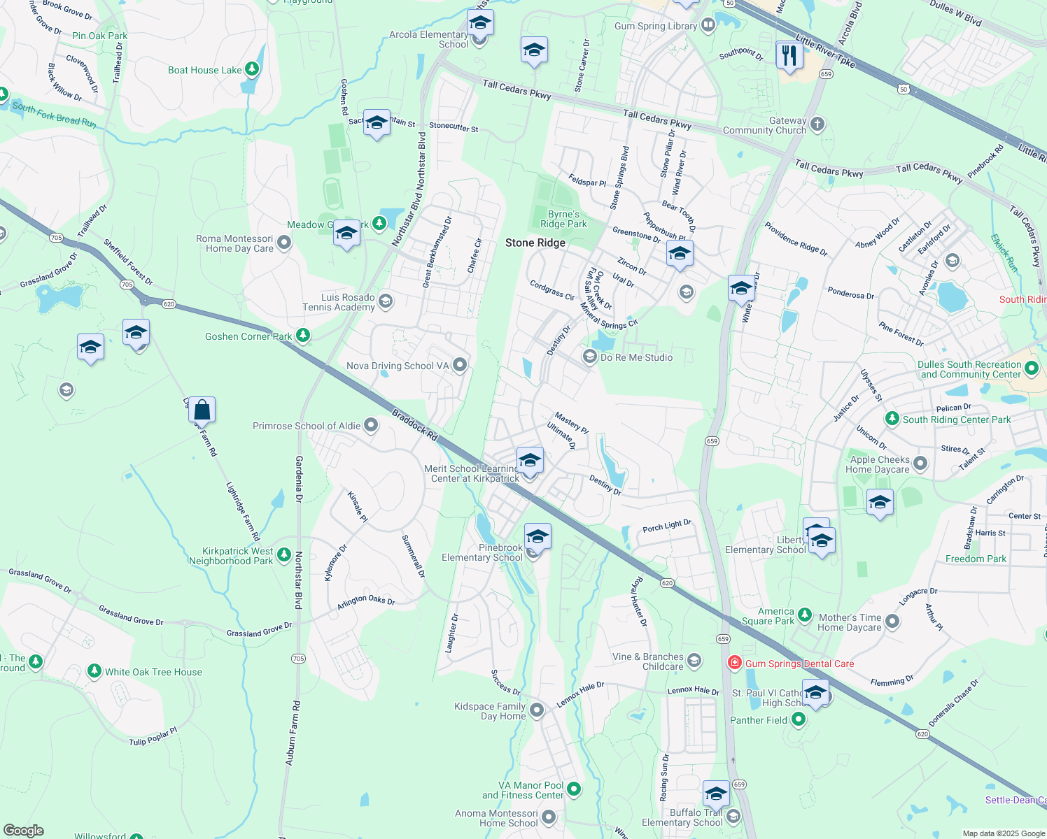 map of restaurants, bars, coffee shops, grocery stores, and more near 41835 Proverbial Terrace in Aldie
