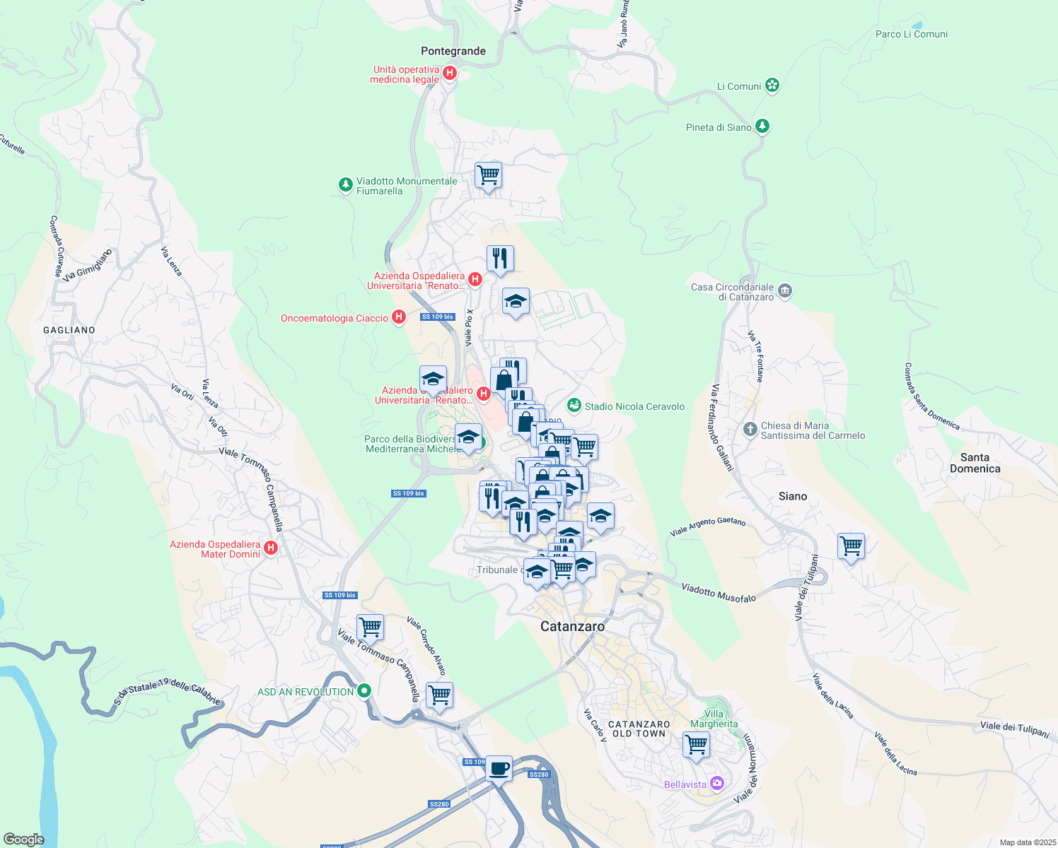 map of restaurants, bars, coffee shops, grocery stores, and more near 2-10 Via Acquedotto Greco in Catanzaro