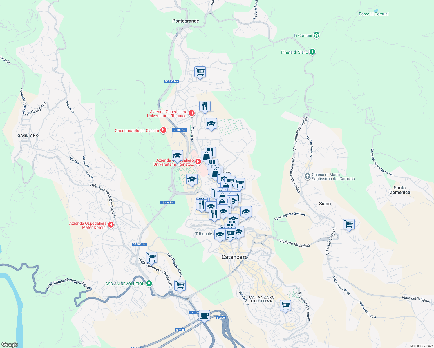 map of restaurants, bars, coffee shops, grocery stores, and more near 2-10 Via Acquedotto Greco in Catanzaro