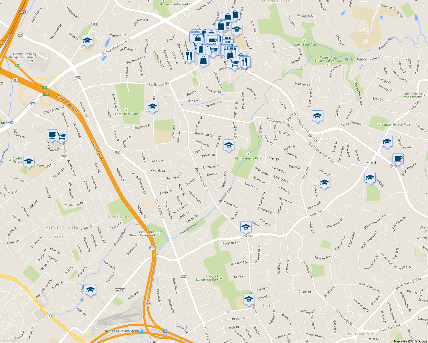 map of restaurants, bars, coffee shops, grocery stores, and more near 6716 Dean Drive in McLean