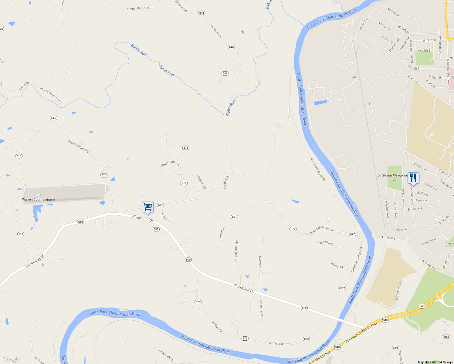 map of restaurants, bars, coffee shops, grocery stores, and more near 320 Figgins Road in Front Royal