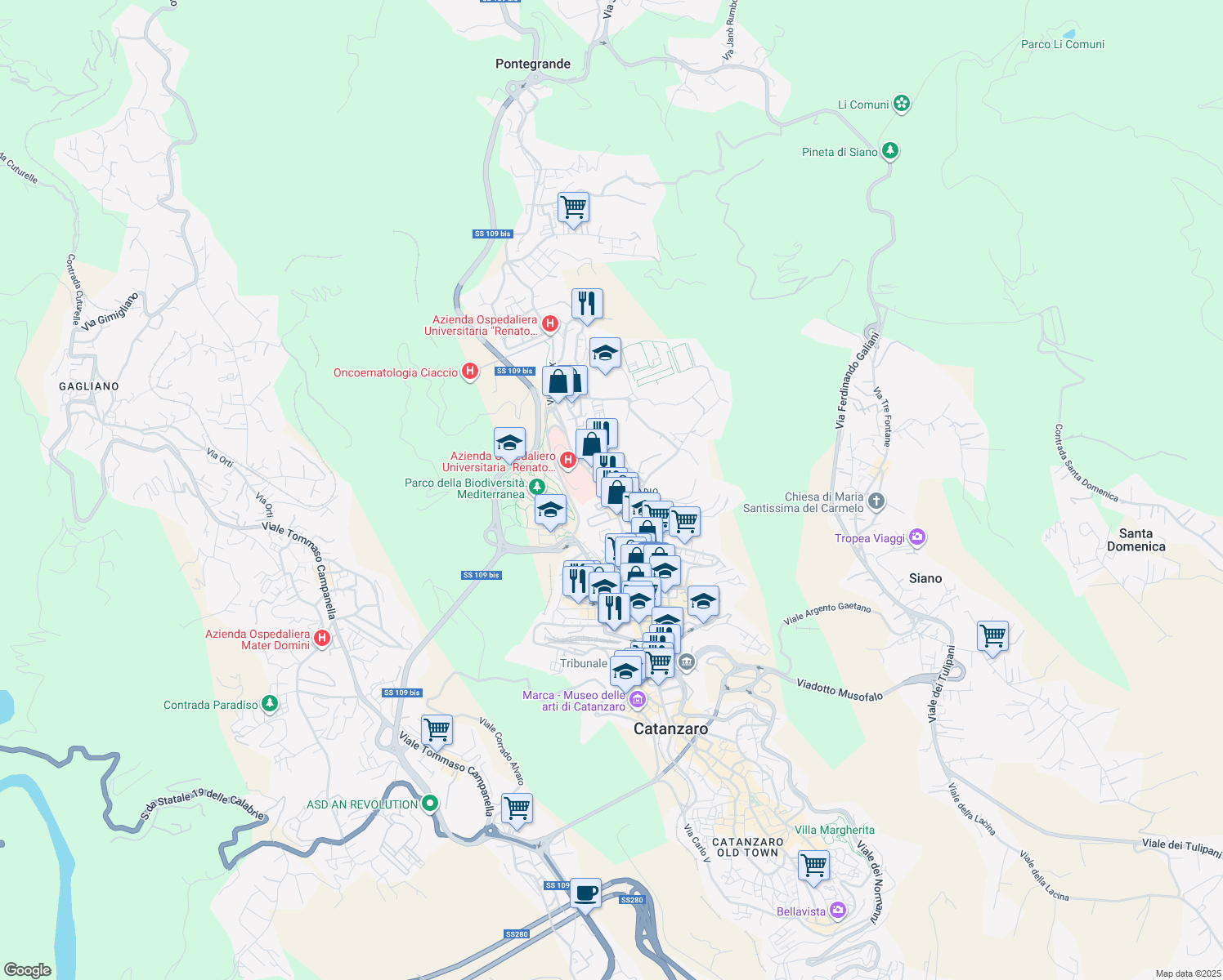 map of restaurants, bars, coffee shops, grocery stores, and more near 18 Strada St. 18 in Catanzaro