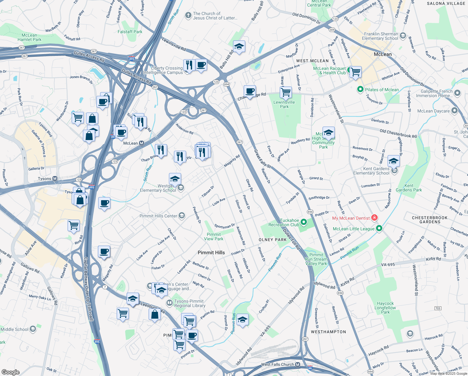 map of restaurants, bars, coffee shops, grocery stores, and more near 1751 Gilson Street in Falls Church