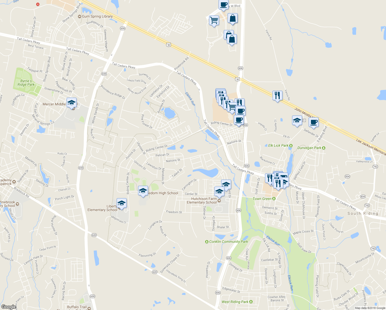 map of restaurants, bars, coffee shops, grocery stores, and more near 42658 Nations Street in South Riding