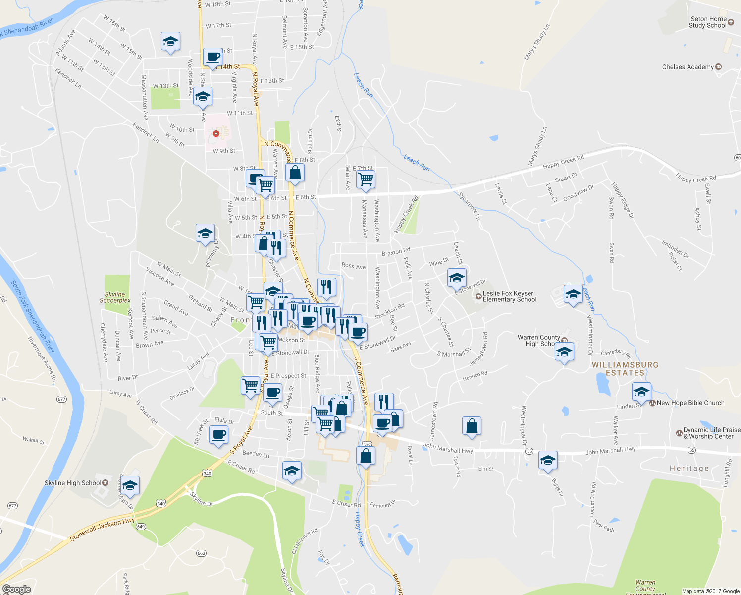map of restaurants, bars, coffee shops, grocery stores, and more near 125 Manassas Avenue in Front Royal