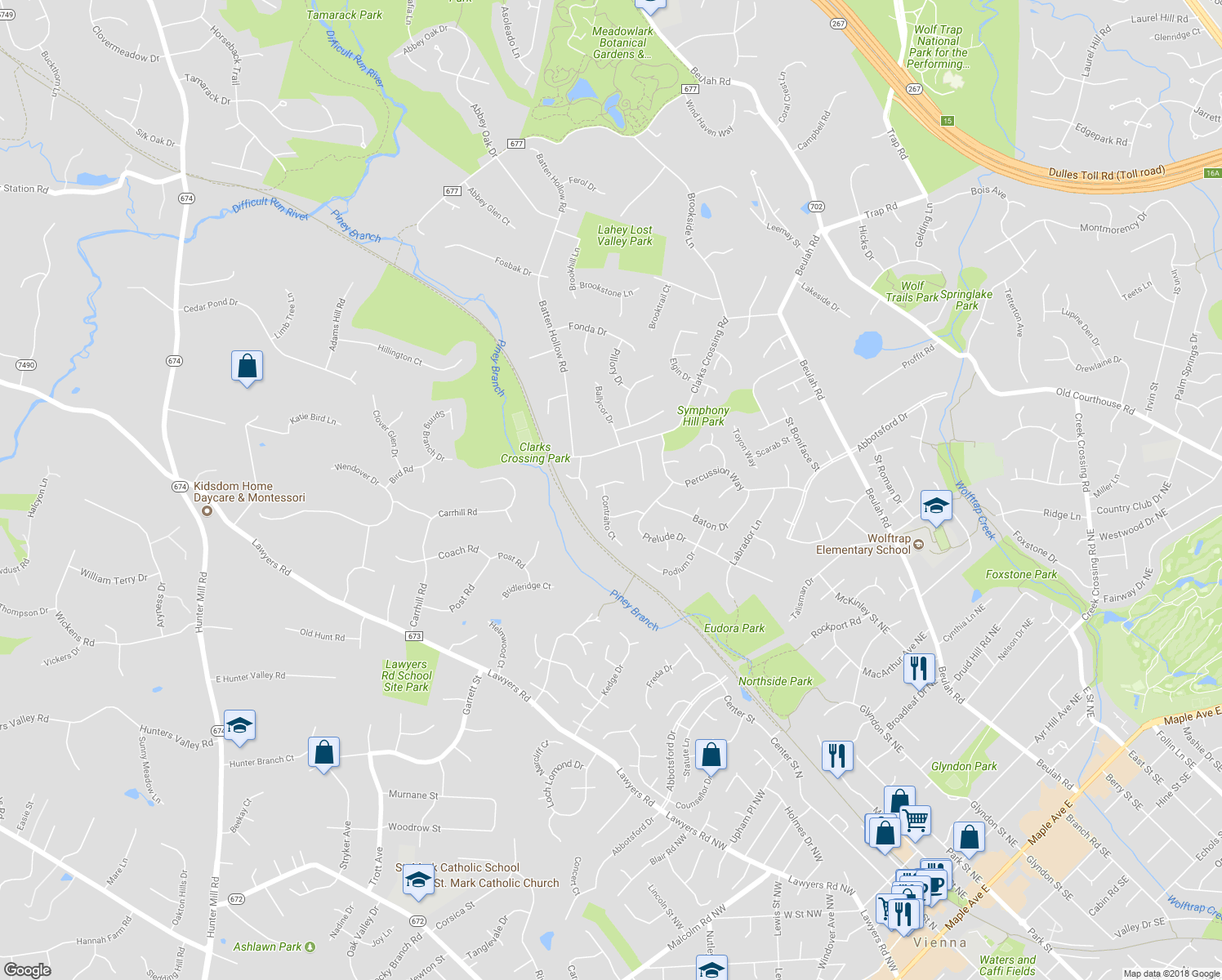 map of restaurants, bars, coffee shops, grocery stores, and more near 9709 Cymbal Drive in Vienna
