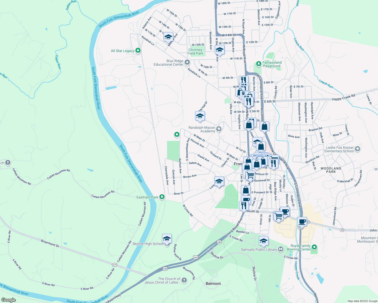 map of restaurants, bars, coffee shops, grocery stores, and more near 126 S Shenandoah Ave in Front Royal